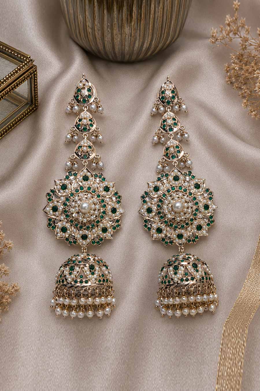 Emerald Green Stone Jadau Pearl Jhumka Earrings