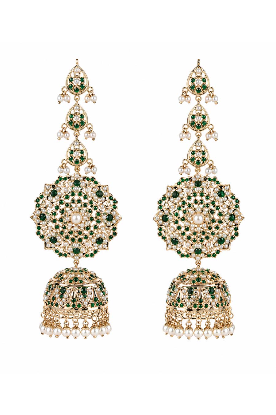 Emerald Green Stone Jadau Pearl Jhumka Earrings