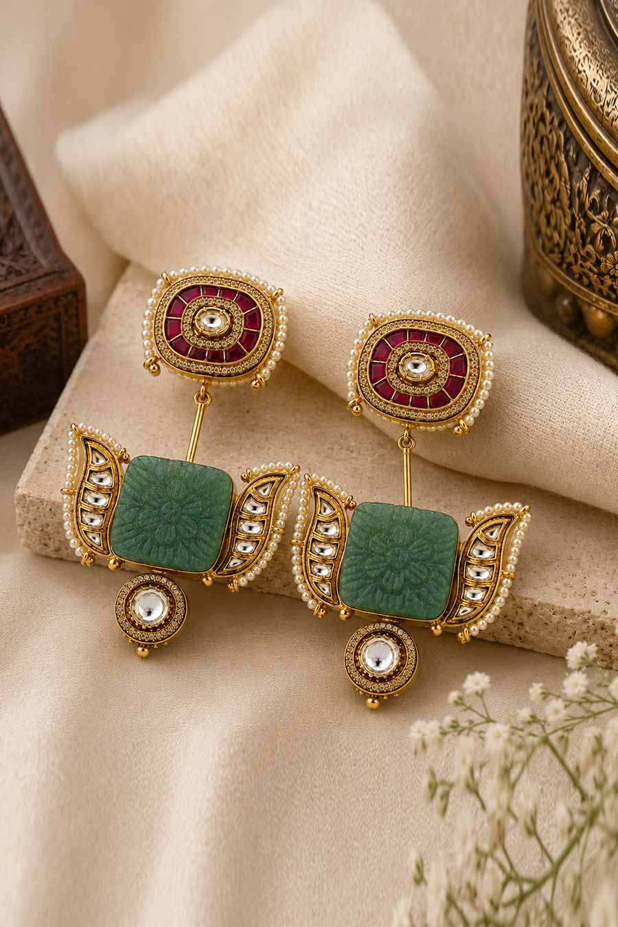 Sage Green Handmade Kundan Earrings