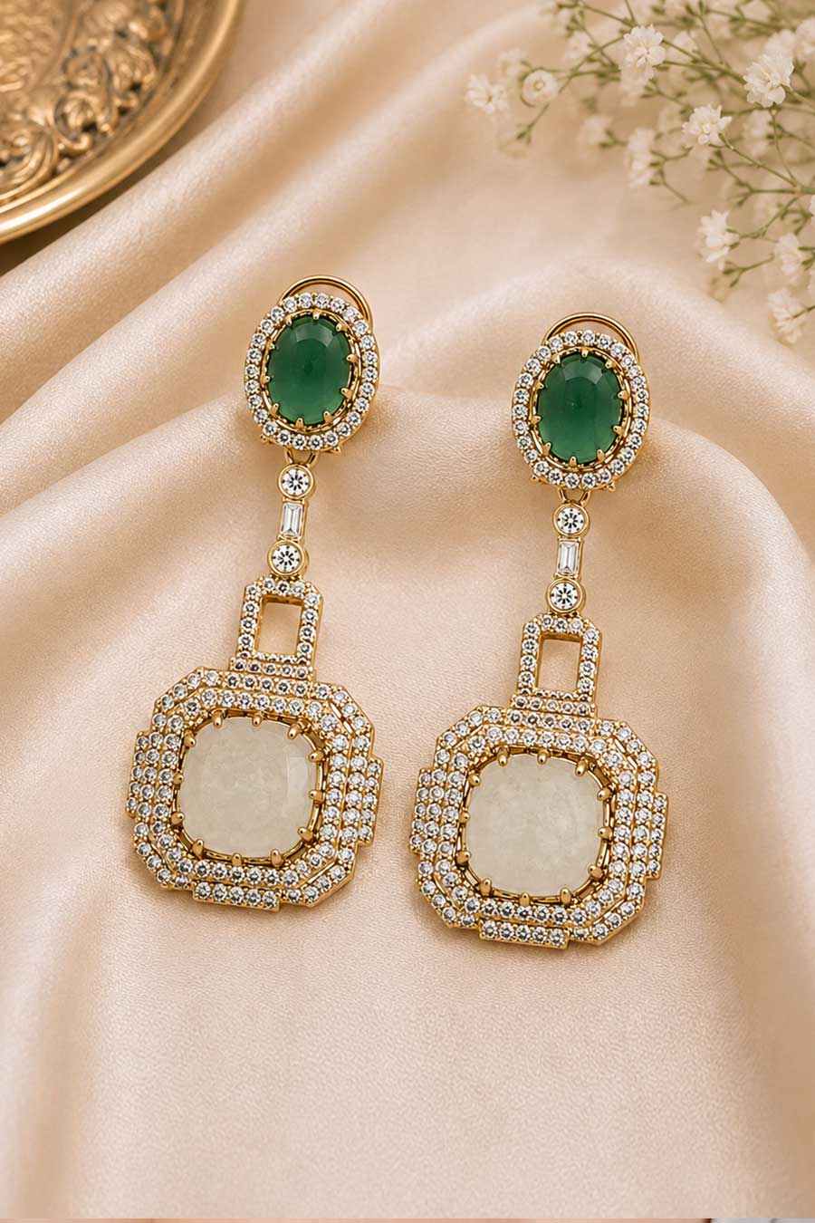 Emerald Green & Ivory Semi-Precious Earrings