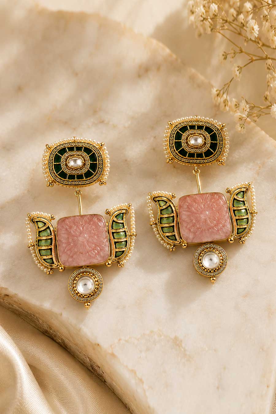 Blush Pink & Emerald Green Semi-Precious Earrings