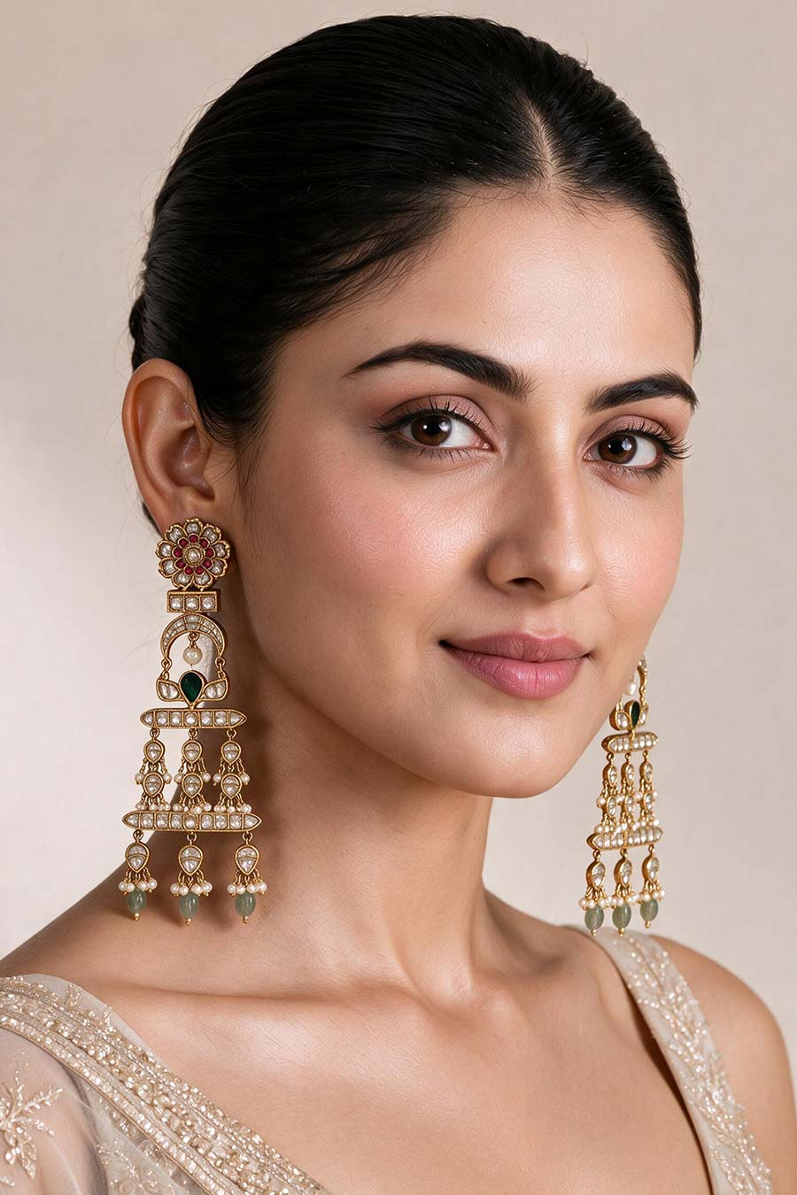 Multicolour Kundan Pearl Drop Statement Earrings