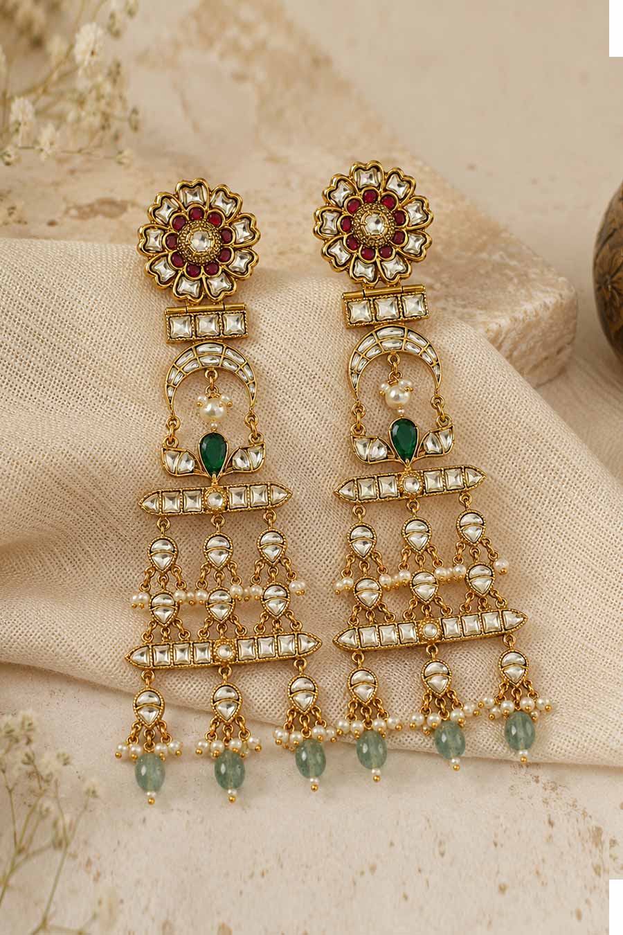 Multicolour Kundan Pearl Drop Statement Earrings