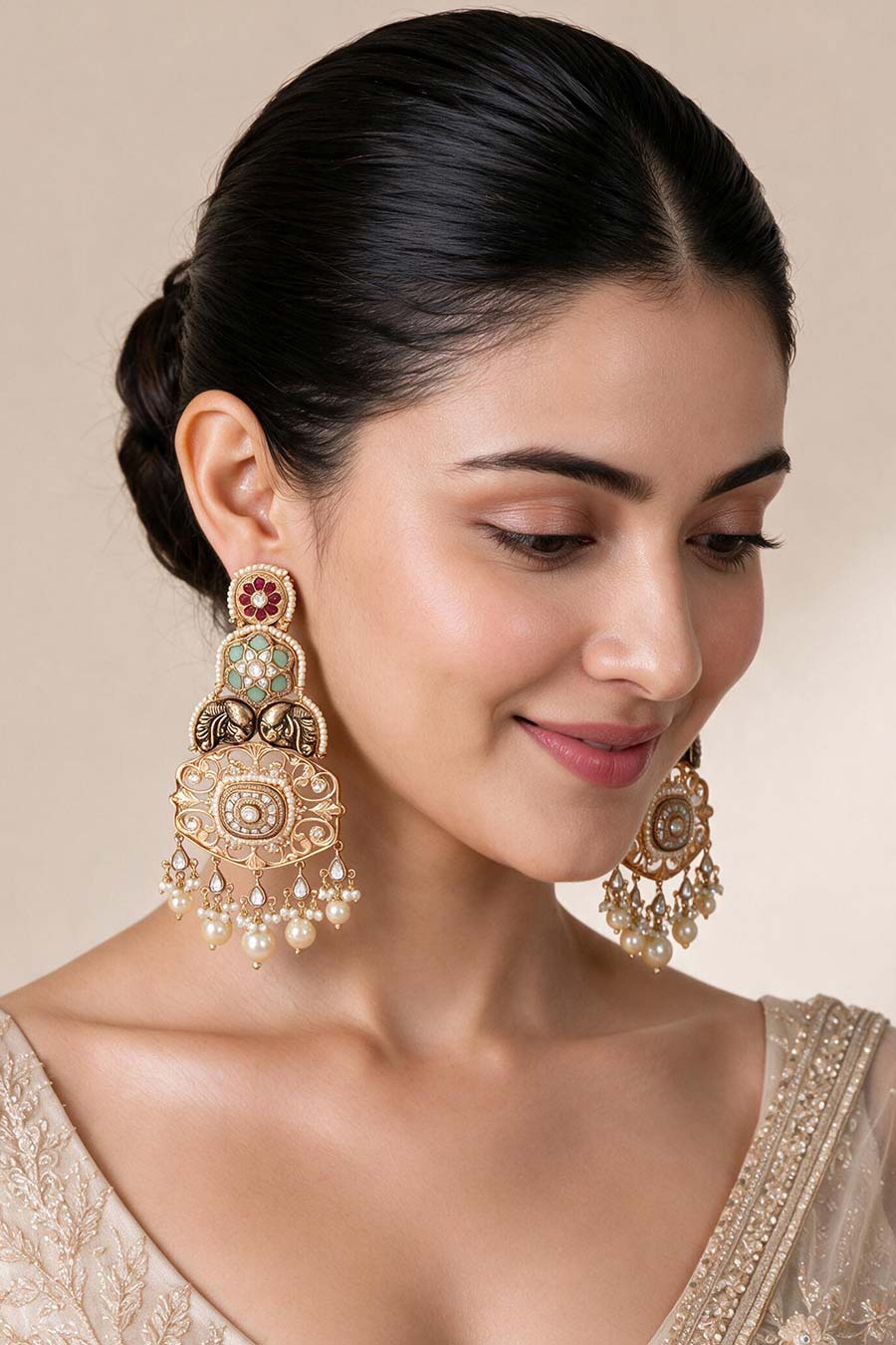 Multicolour Kundan Pearl Statement Earrings