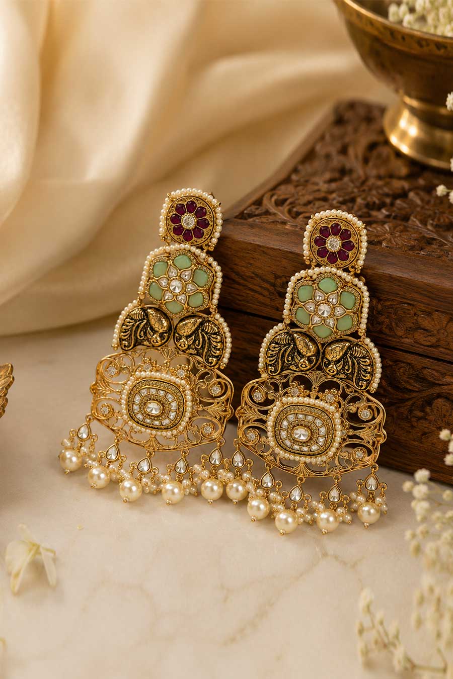 Multicolour Kundan Pearl Statement Earrings