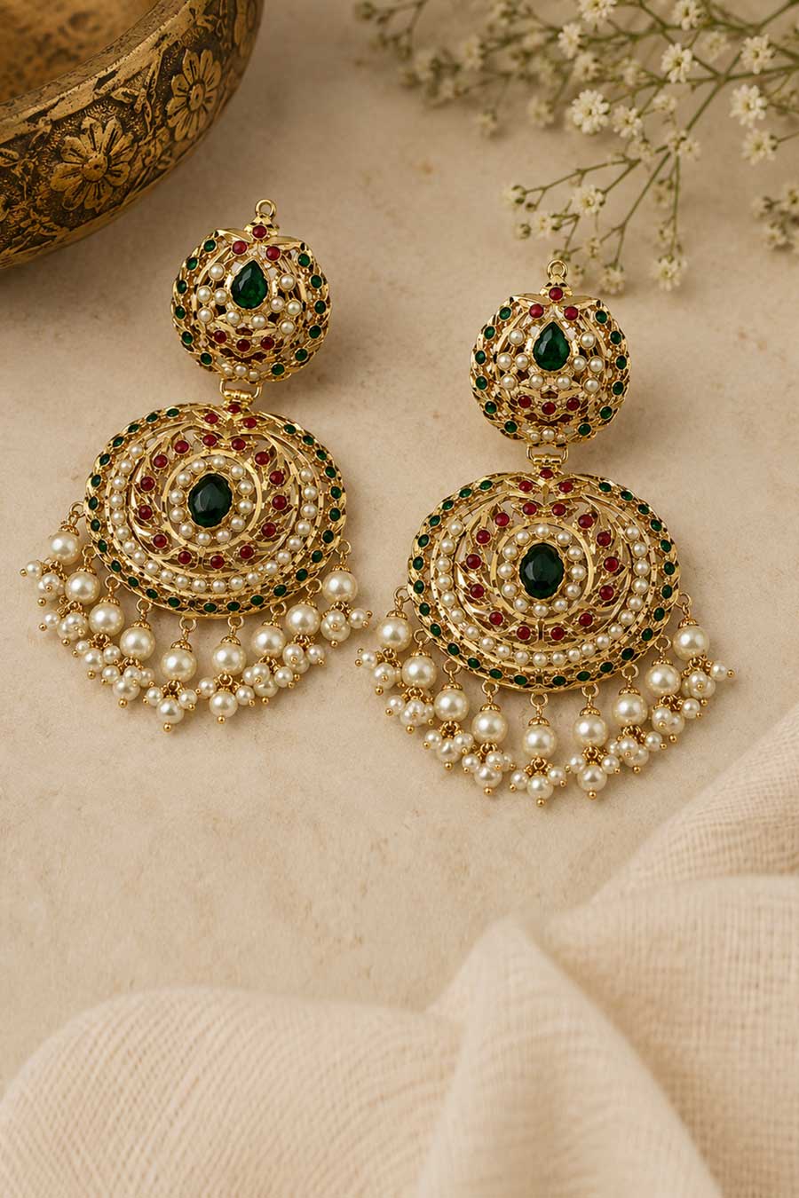 Jadau Pearl Embellished Circular Statement Earrings