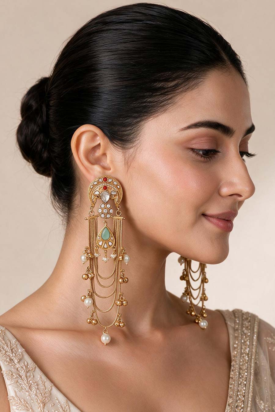 Kundan Sage Green Chain Drop Statement Earrings