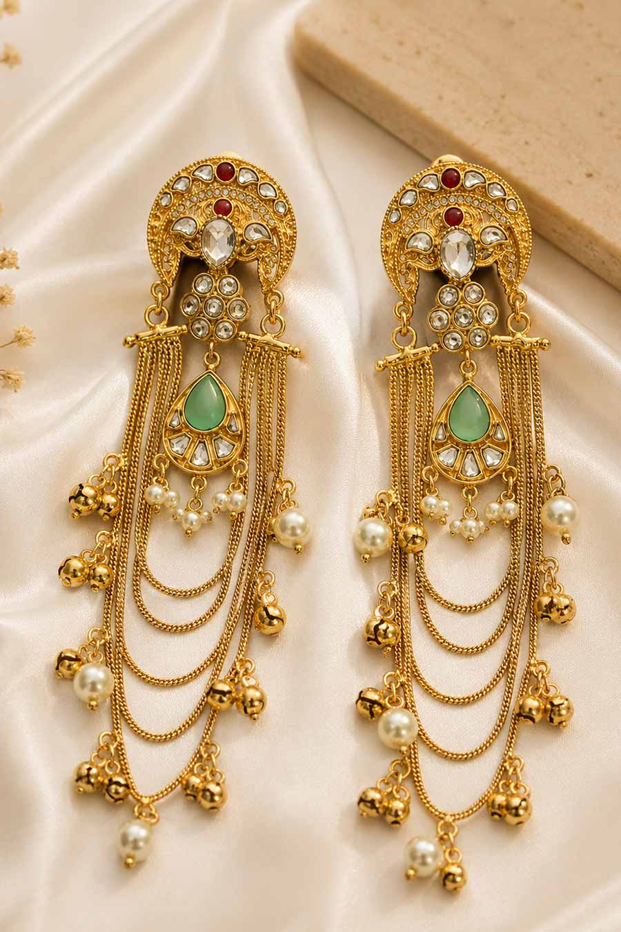 Kundan Sage Green Chain Drop Statement Earrings