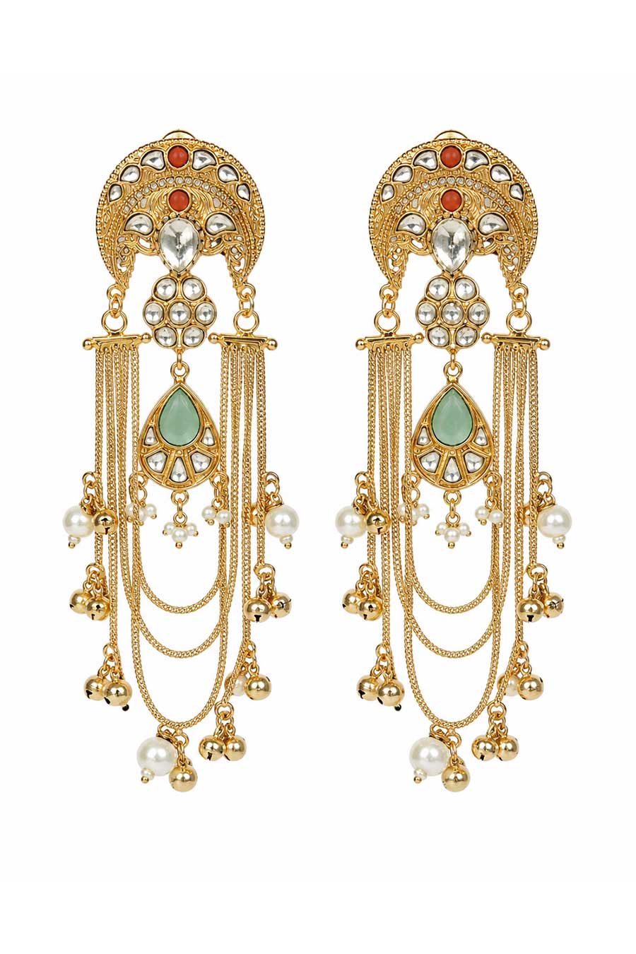 Kundan Sage Green Chain Drop Statement Earrings