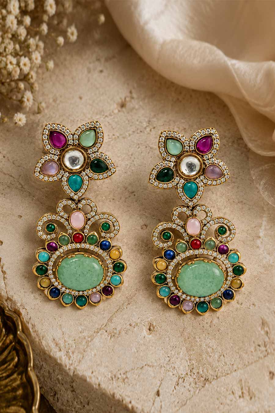 Multicolour Semi-Precious Floral Statement Earrings