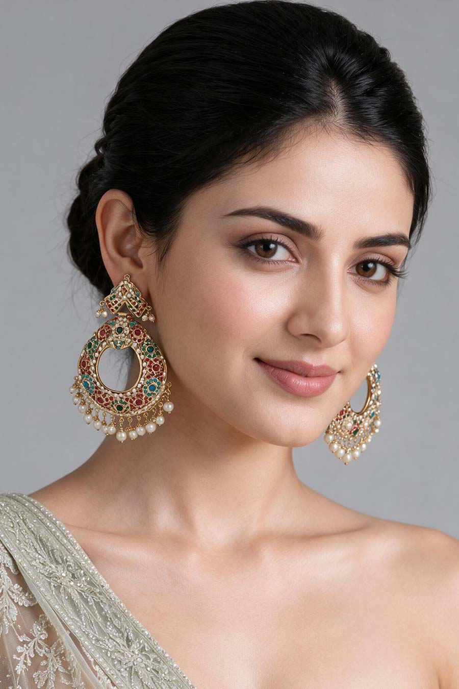 Multicolour Jadau Pearl Chandbali Earrings