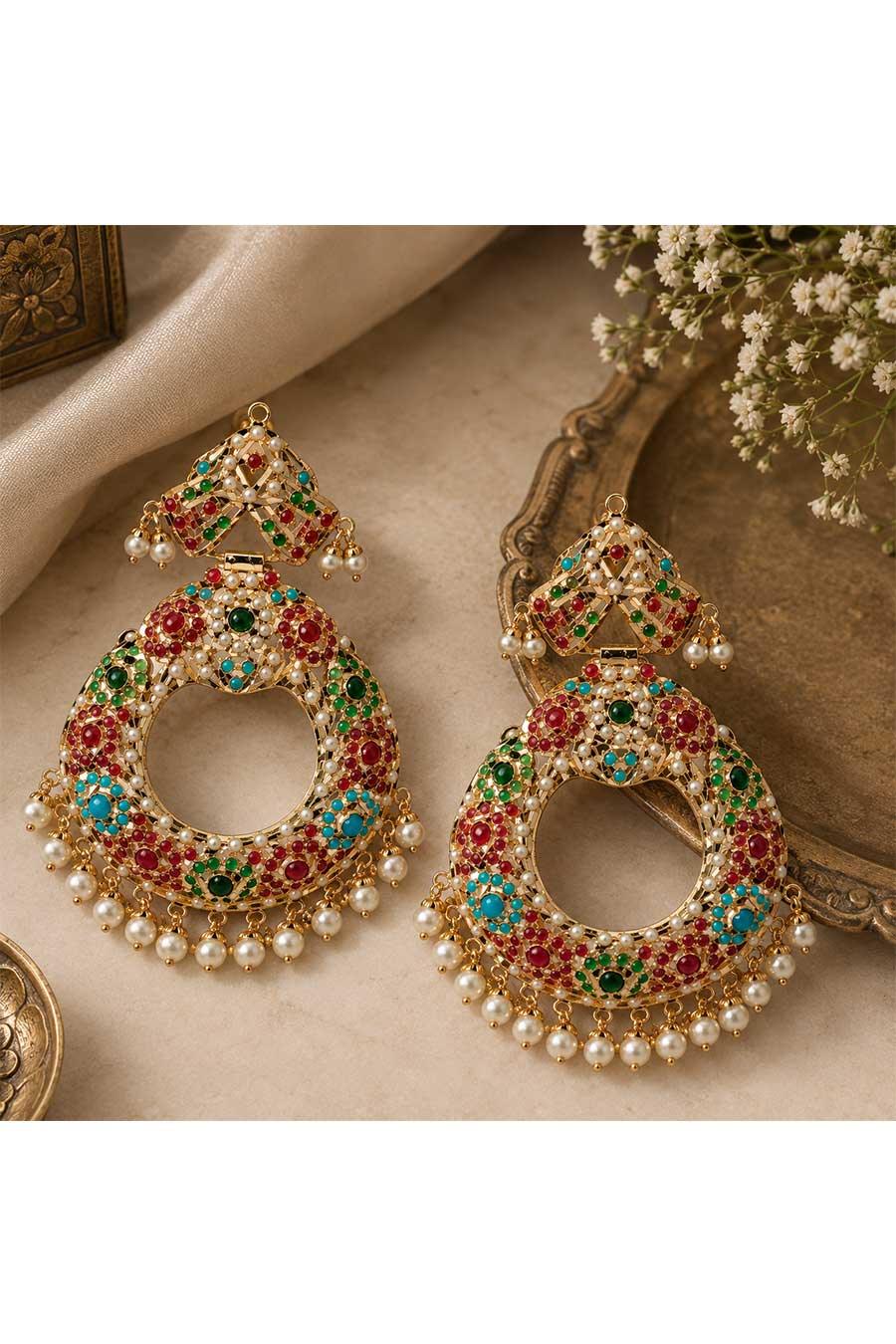 Multicolour Jadau Pearl Chandbali Earrings