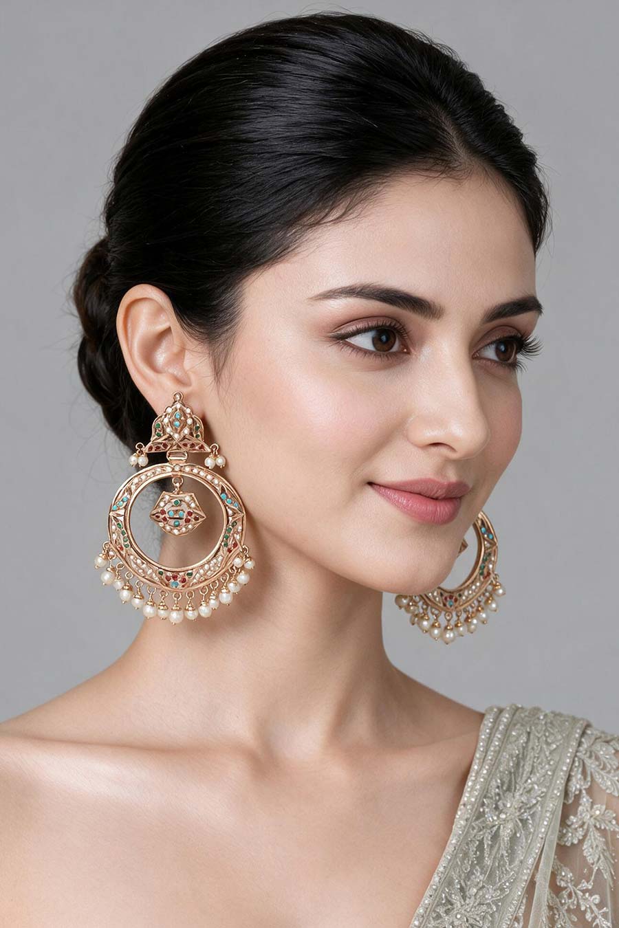 Multicolour Jadau Pearl Hoop Statement Earrings