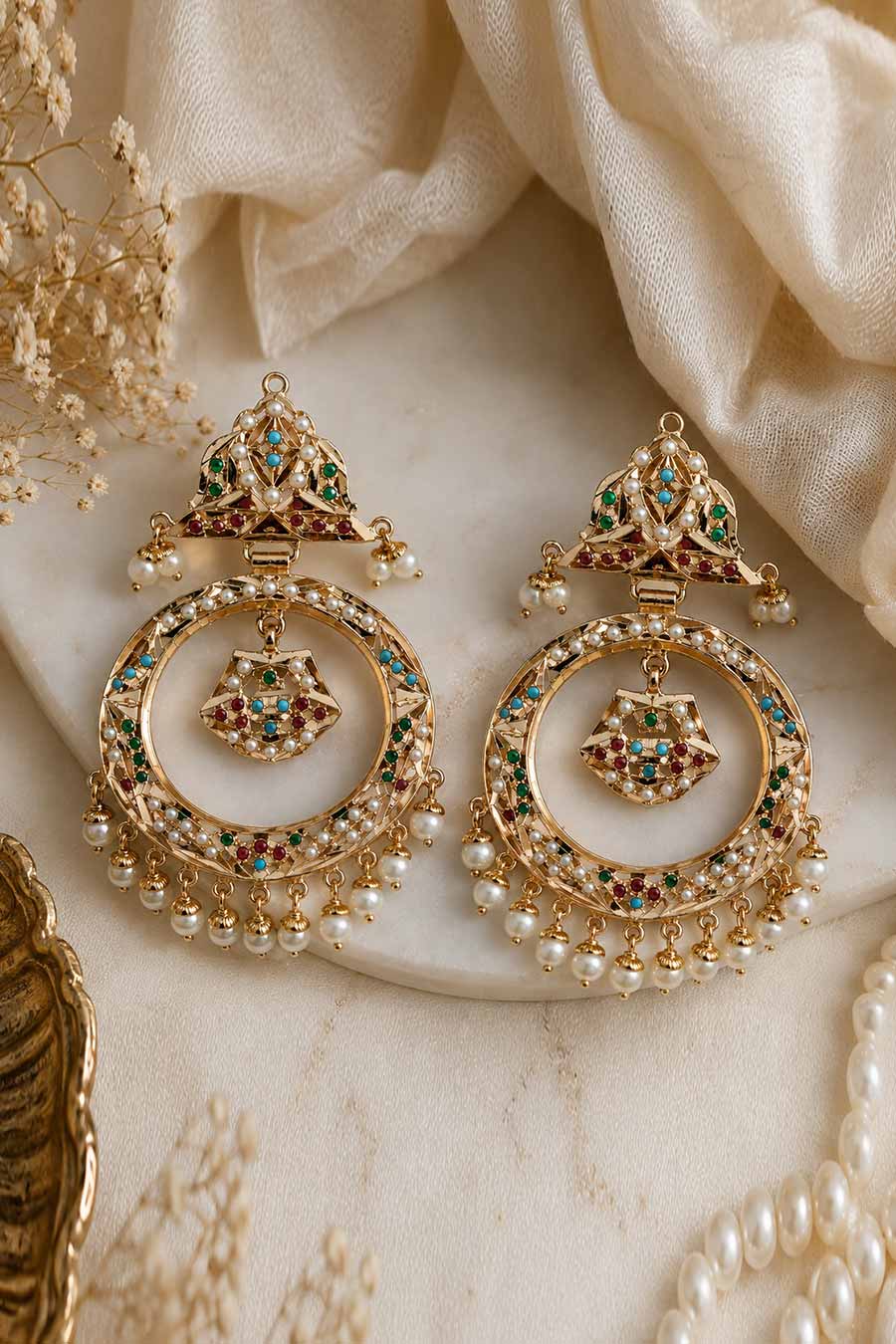 Multicolour Jadau Pearl Hoop Statement Earrings