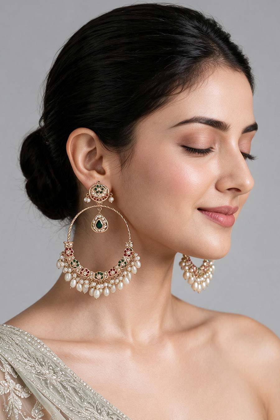 Multicolour Jadau Pearl Oversized Hoop Earrings