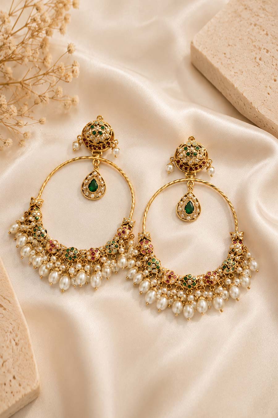 Multicolour Jadau Pearl Oversized Hoop Earrings