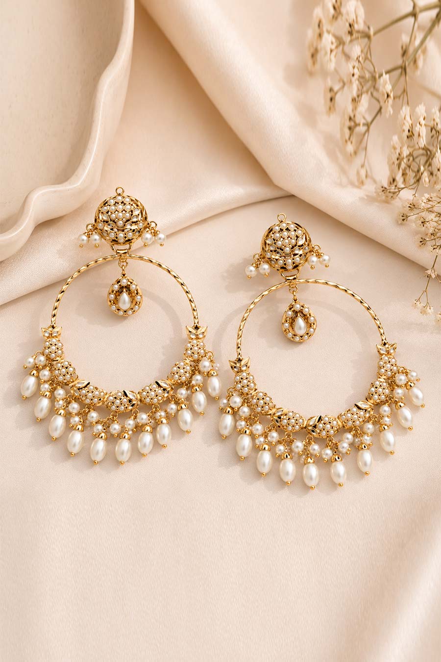 Jadau Pearl Embellished Oversized Hoop Earrings