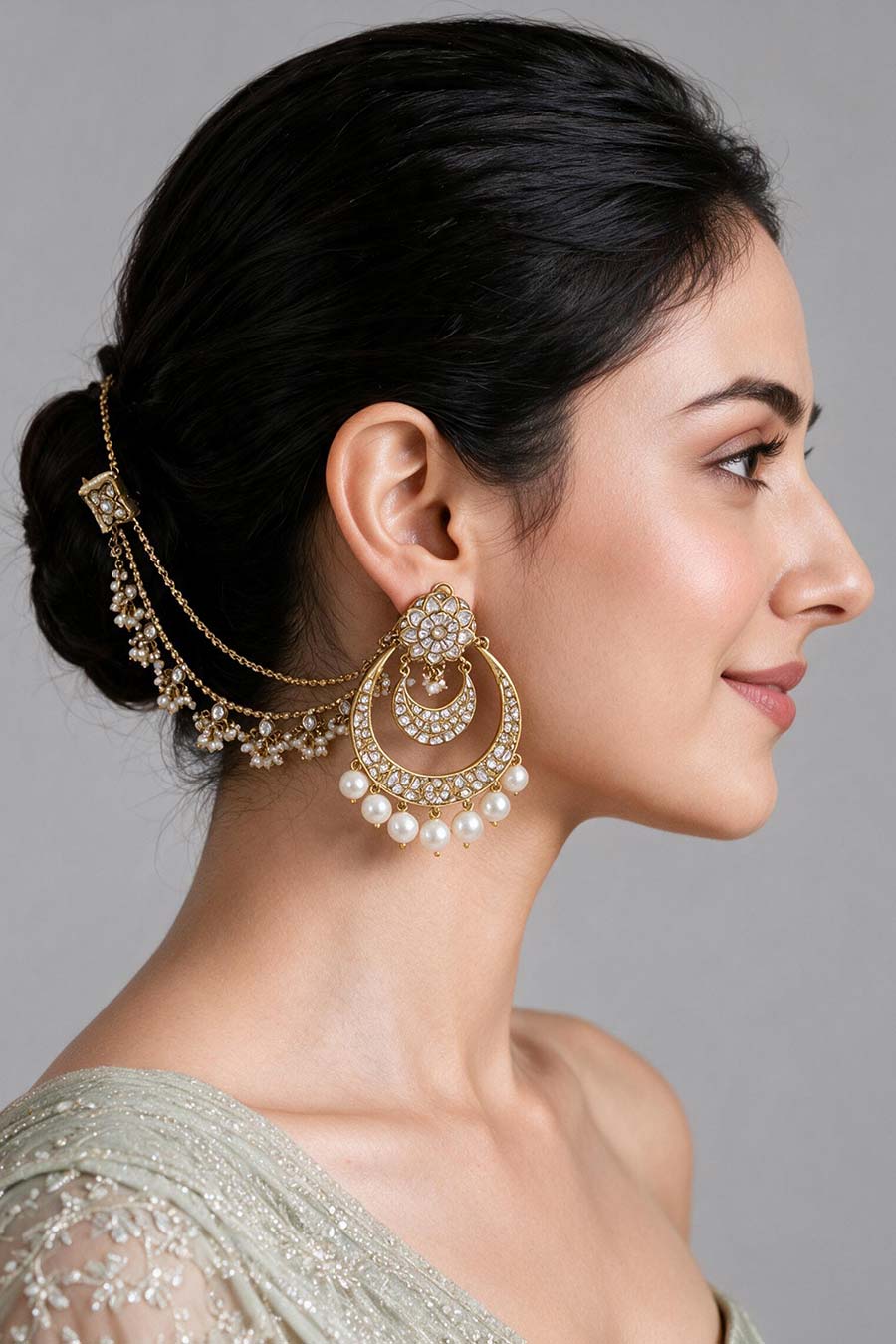Kundan Pearl Chandbali Earrings with Ear Chains