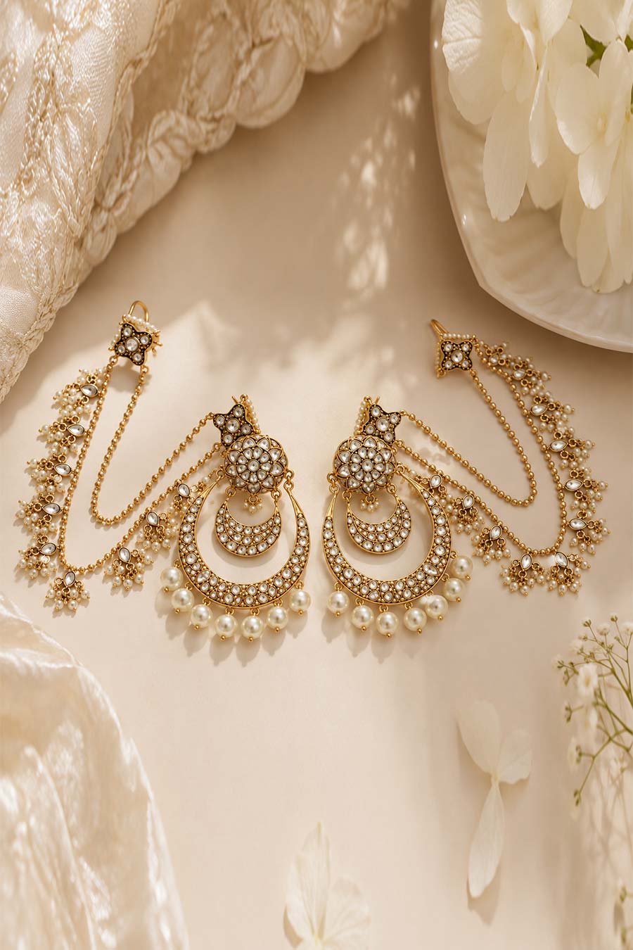 Kundan Pearl Chandbali Earrings with Ear Chains