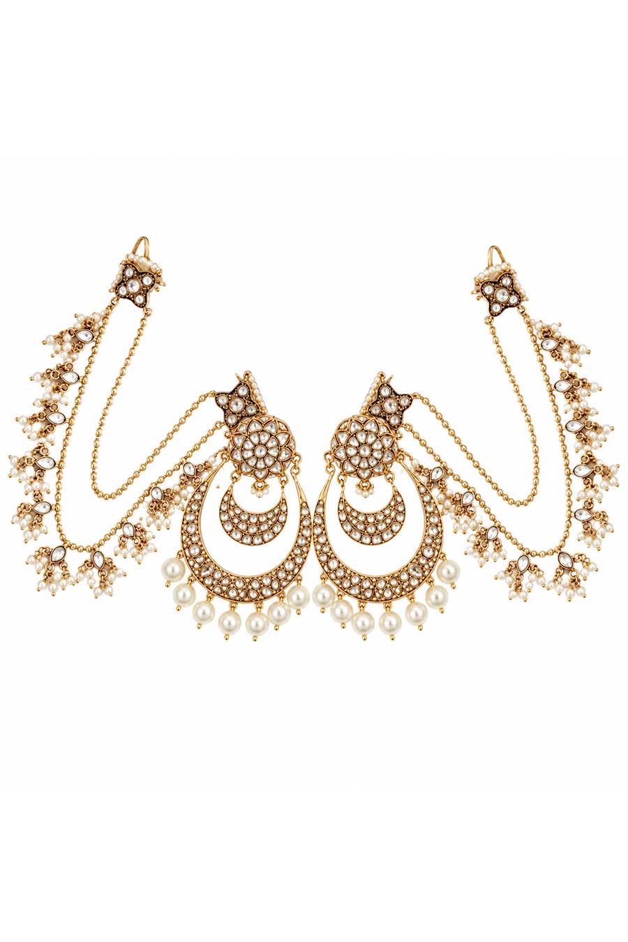 Kundan Pearl Chandbali Earrings with Ear Chains