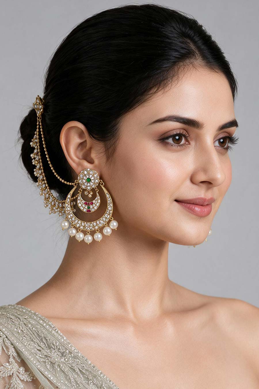 Kundan Pearl Chandbali Earrings with Ear Chains