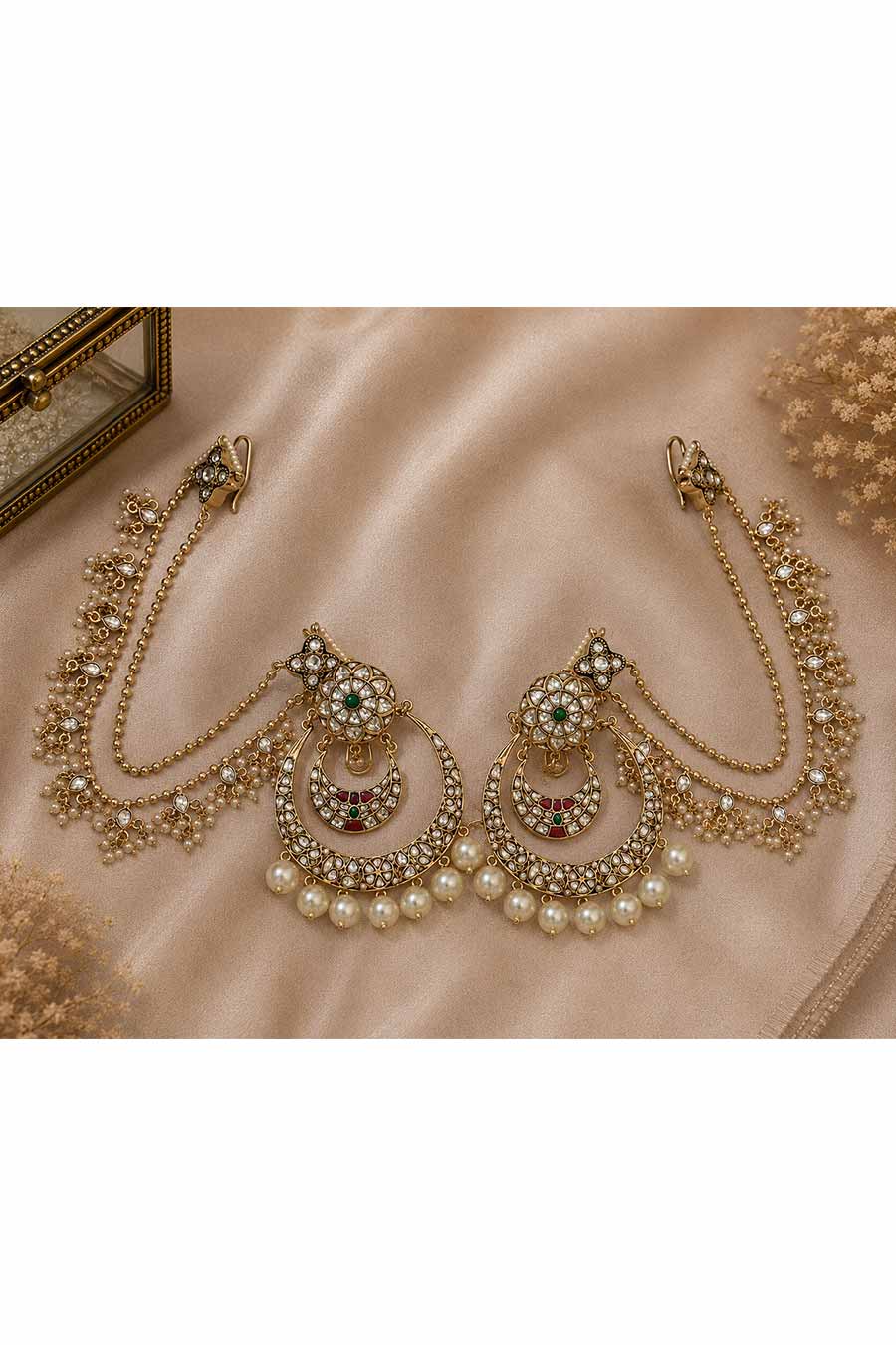 Kundan Pearl Chandbali Earrings with Ear Chains