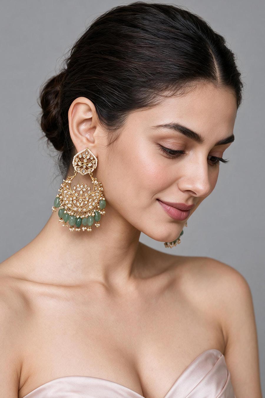 Sage Green Bead Gold-Tone Chandbali Earrings