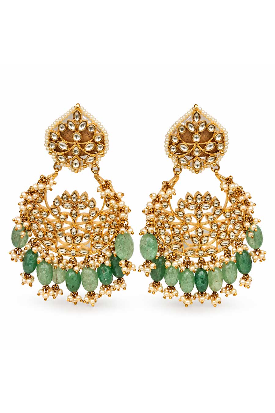 Sage Green Bead Gold-Tone Chandbali Earrings