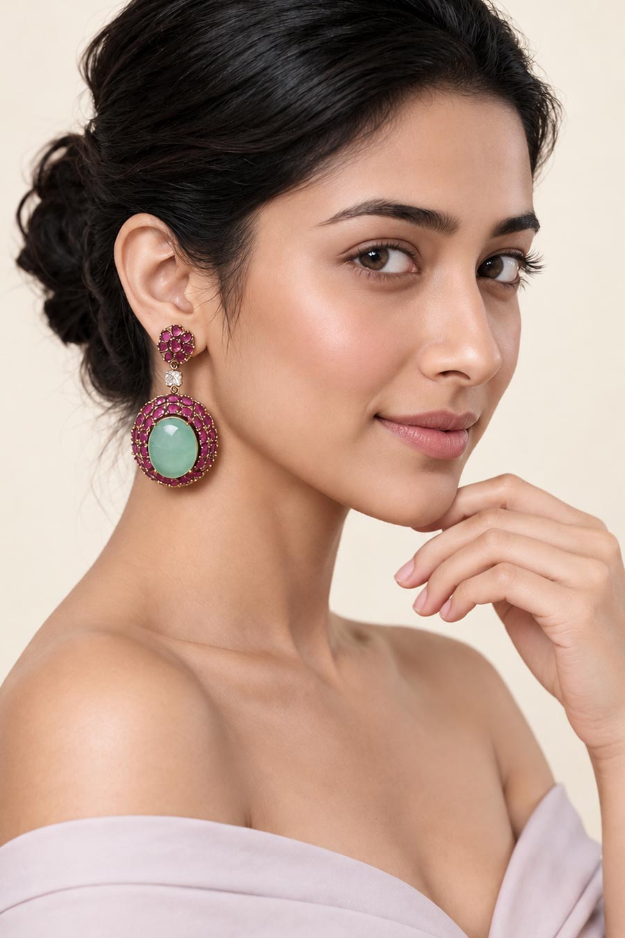 Ruby Stone Gold-Tone Drop Earrings