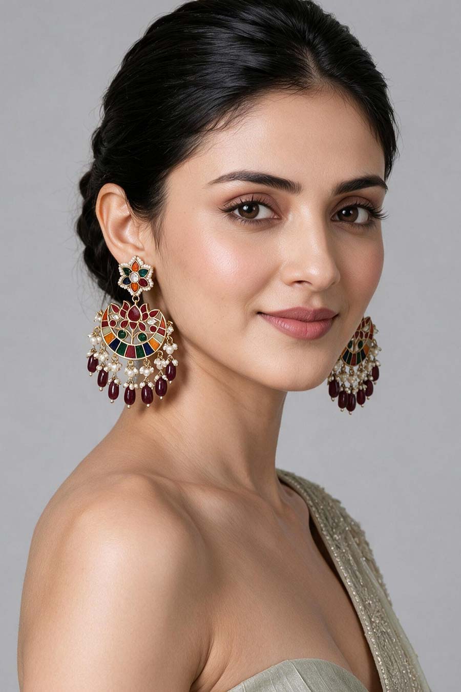 Multicolour Kundan Pearl Chandbali Earrings