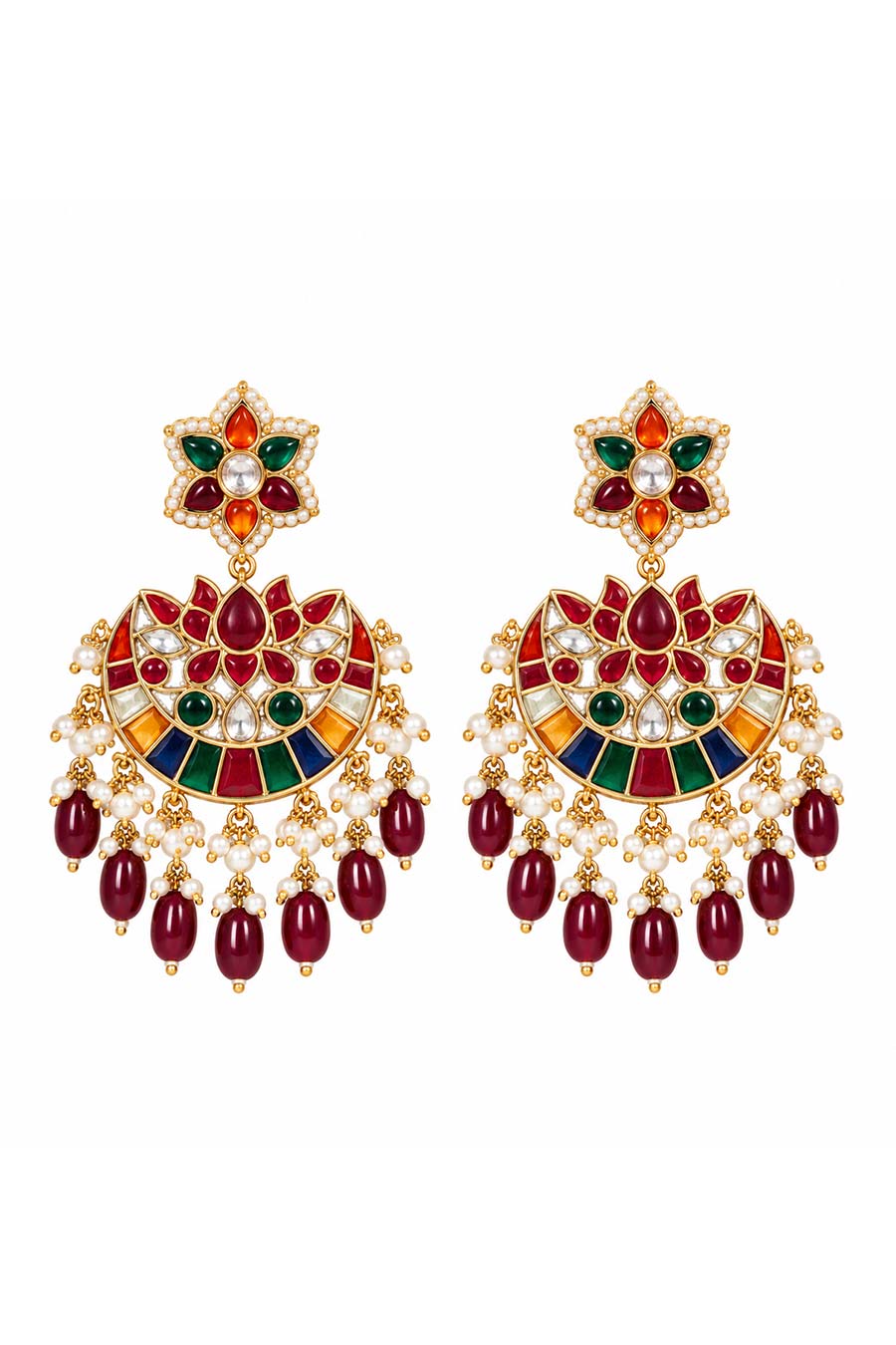 Multicolour Kundan Pearl Chandbali Earrings