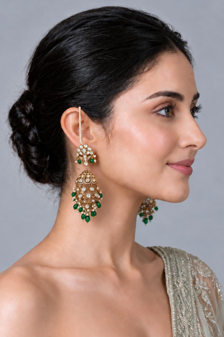 Kundan Pearl Ear Chain Earrings