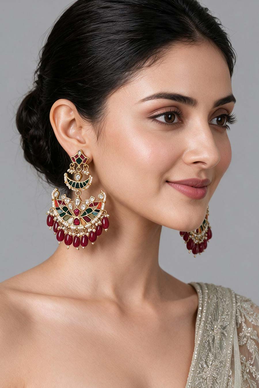 Multicolour Kundan Pearl Chandbali Earrings