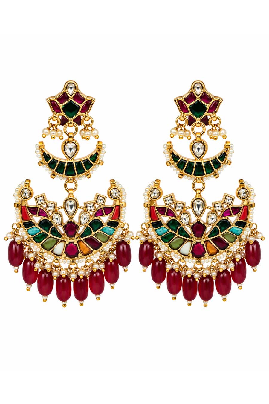 Multicolour Kundan Pearl Chandbali Earrings