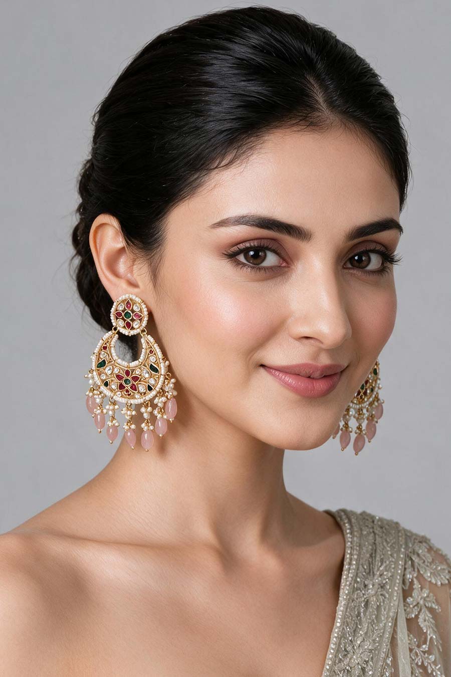 Multicolour Kundan Pearl Chandbali Earrings