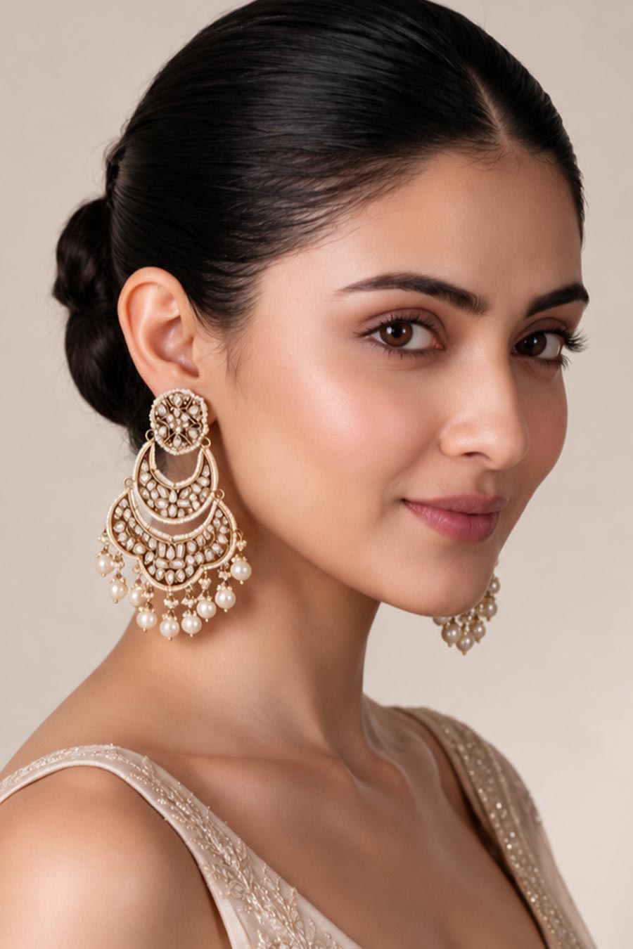 Pearl Kundan Layered Chandbali Earrings