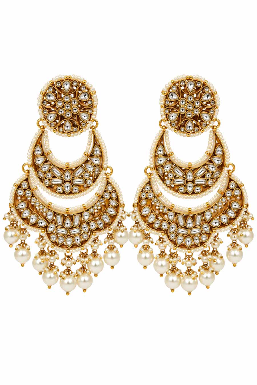 Pearl Kundan Layered Chandbali Earrings