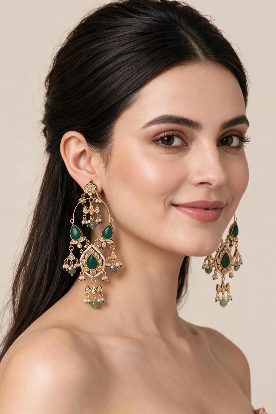 Emerald Kundan Statement Drop Earrings