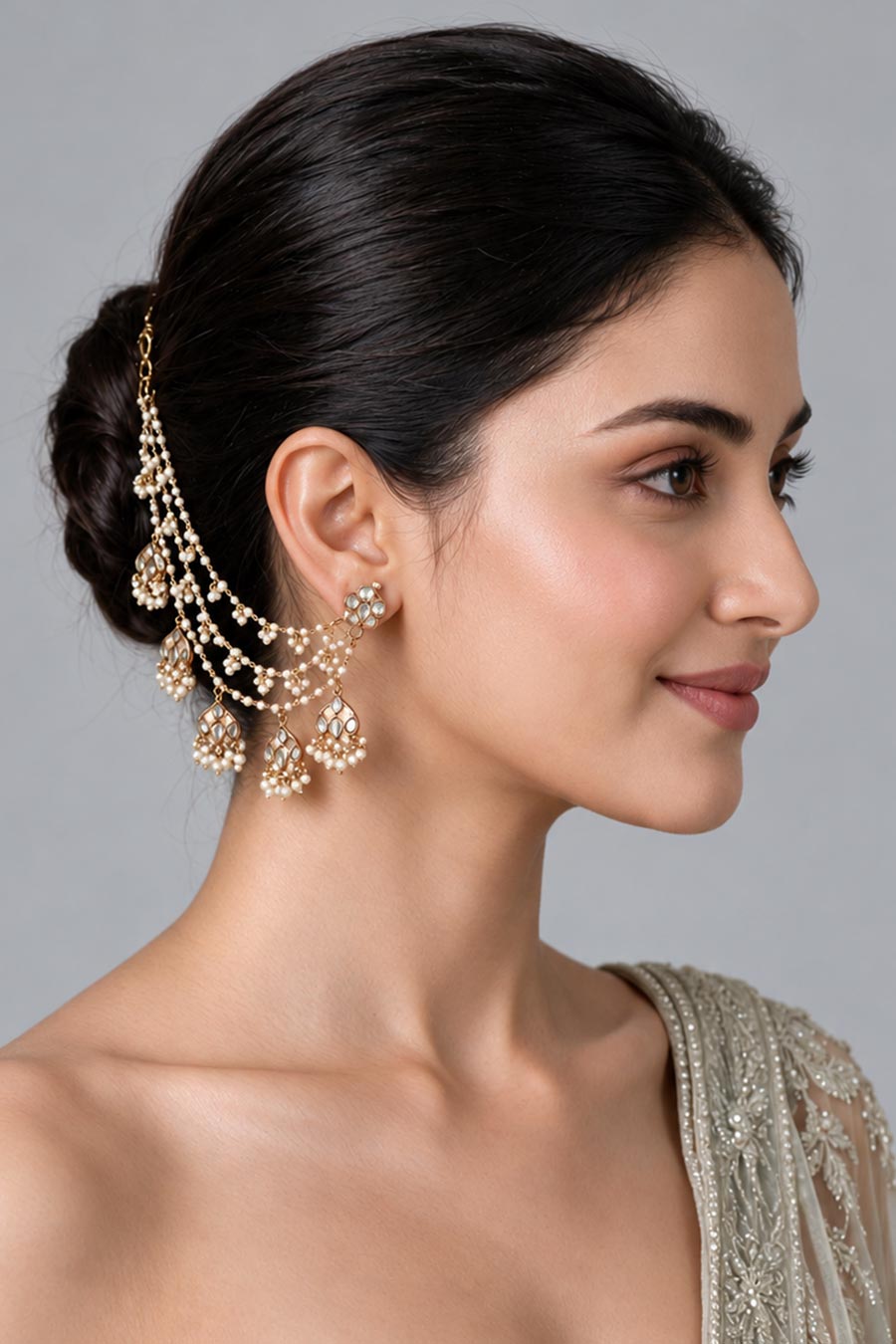 Pearl Kundan Layered Ear Chain