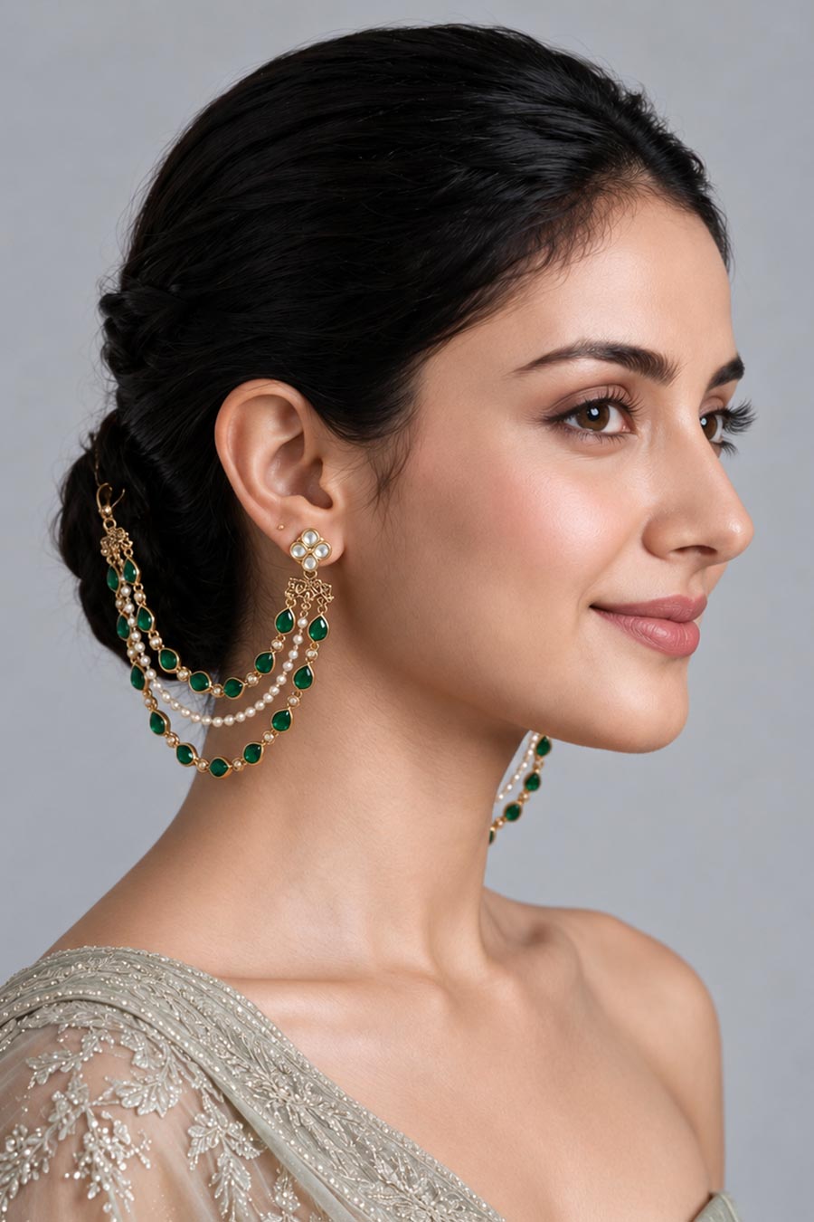 Emerald Pearl Layered Ear Chain