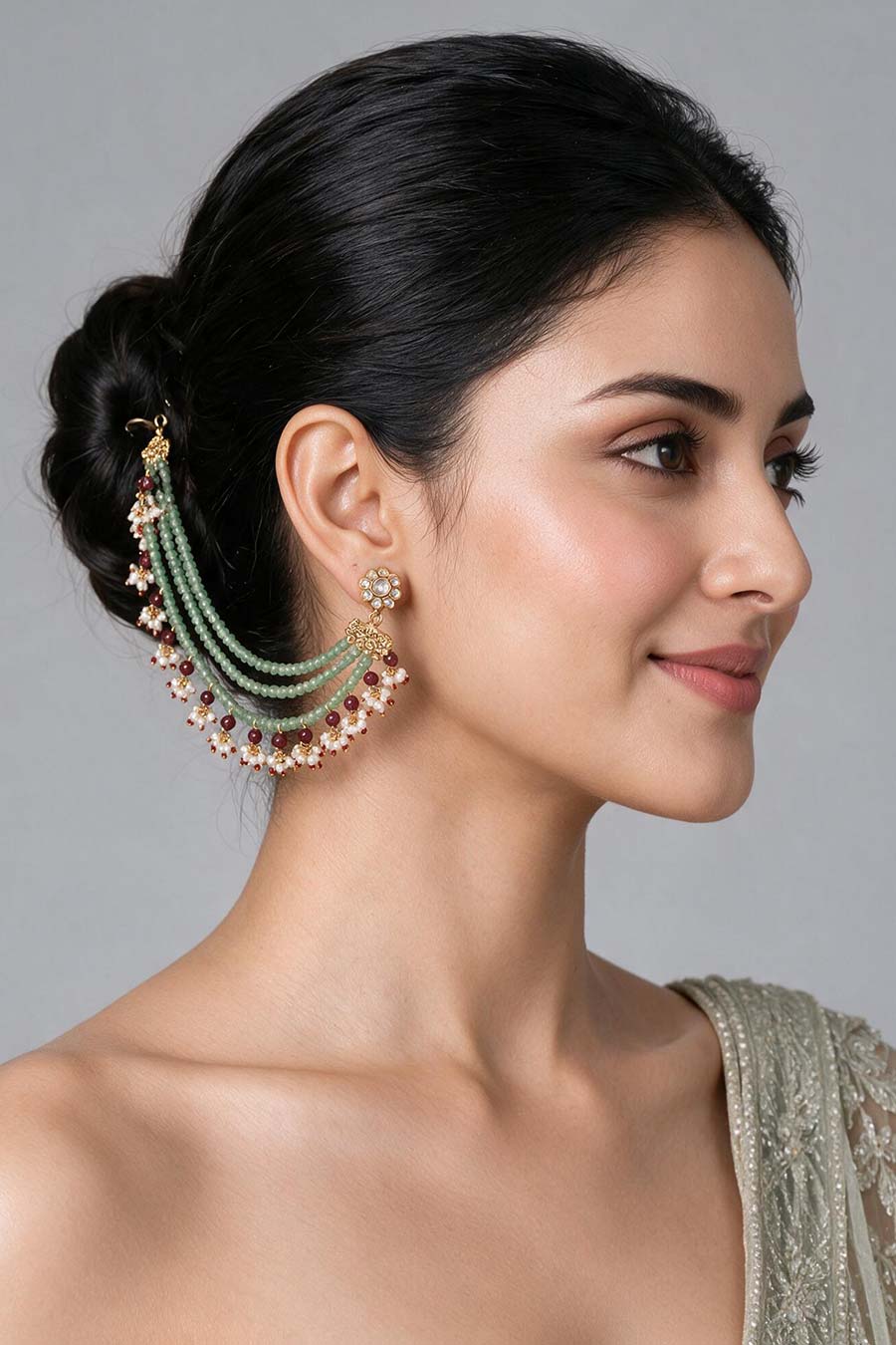Sage Green Pearl Layered Ear Chain