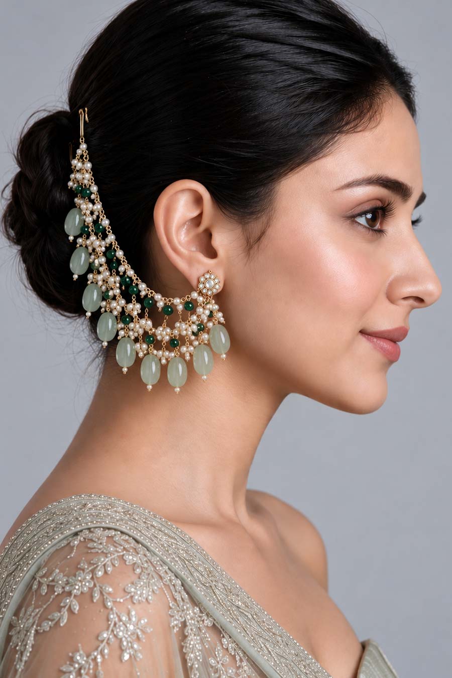 Sage Green Pearl Layered Ear Chain
