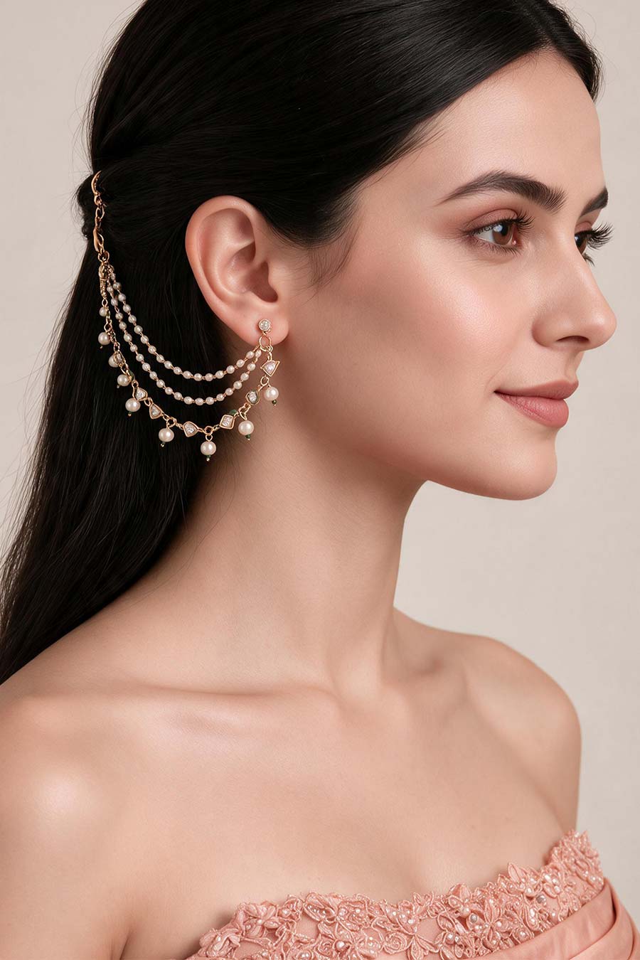 Kundan Pearl Cascade Ear Chain Set