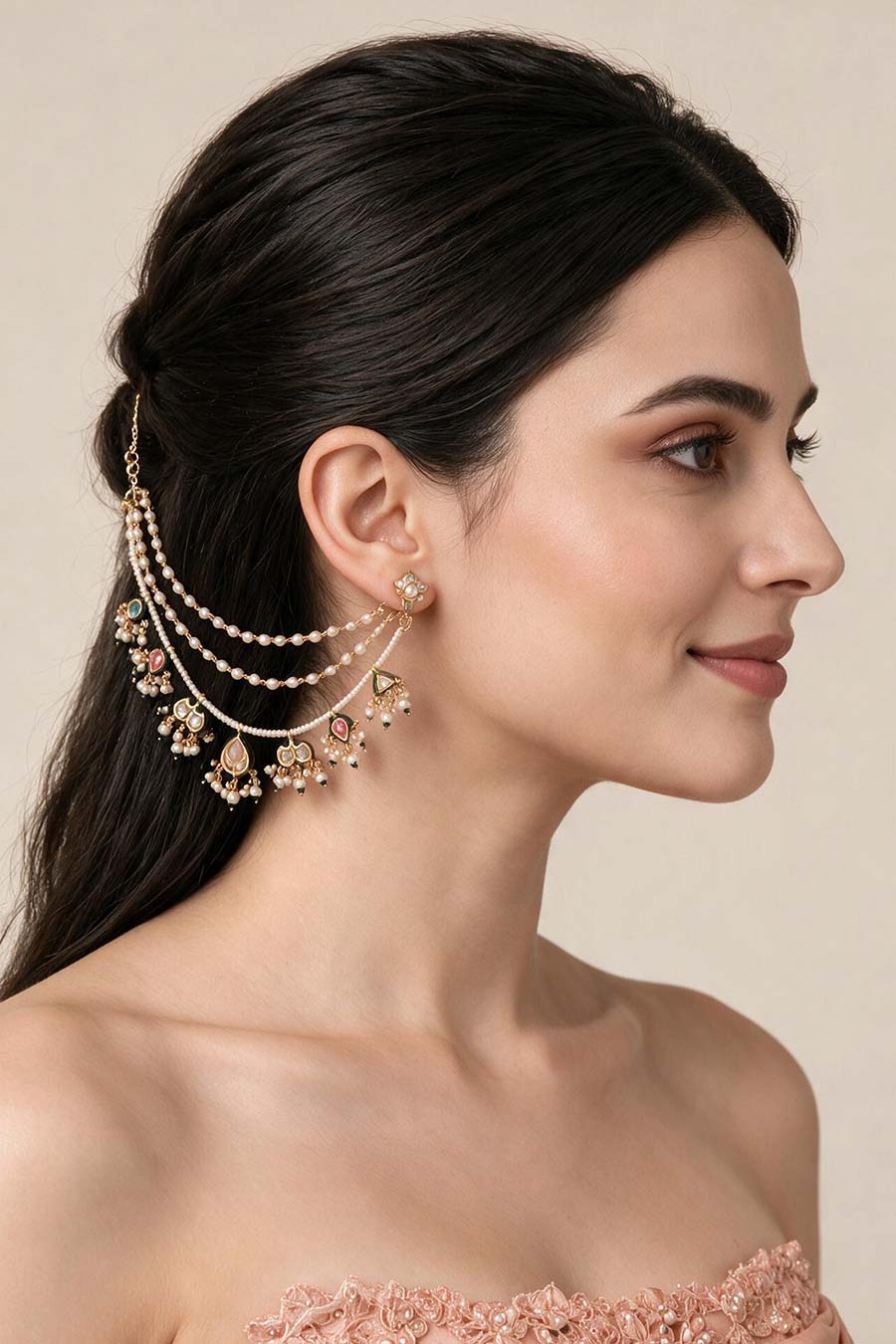 Kundan Pearl Drop Ear Chain Set