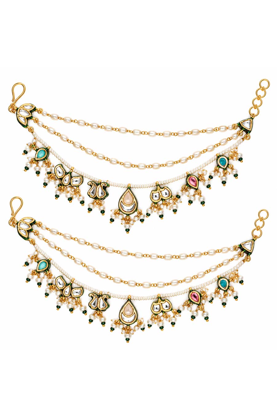 Kundan Pearl Drop Ear Chain Set