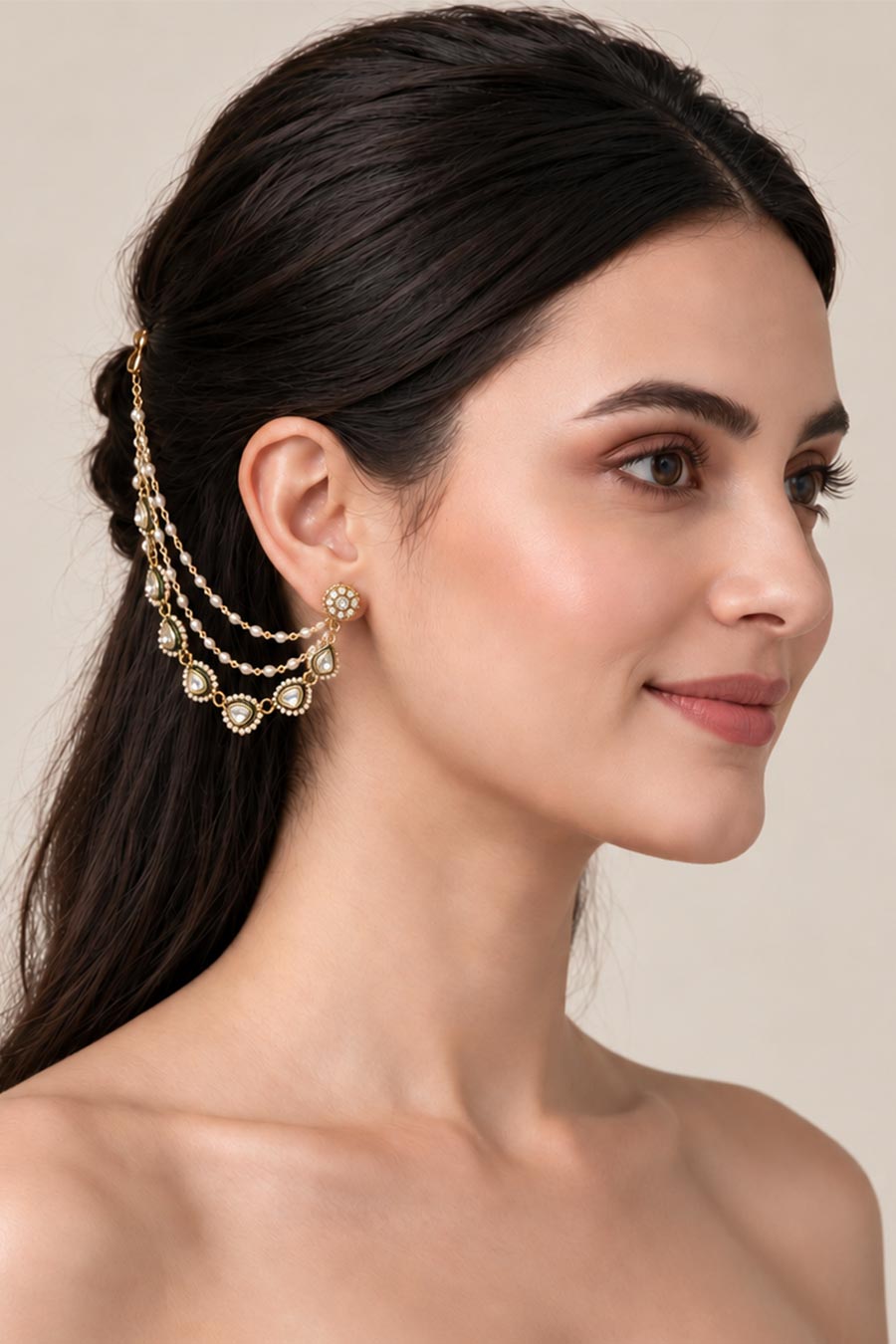 Kundan Pearl Layered Ear Chain Set