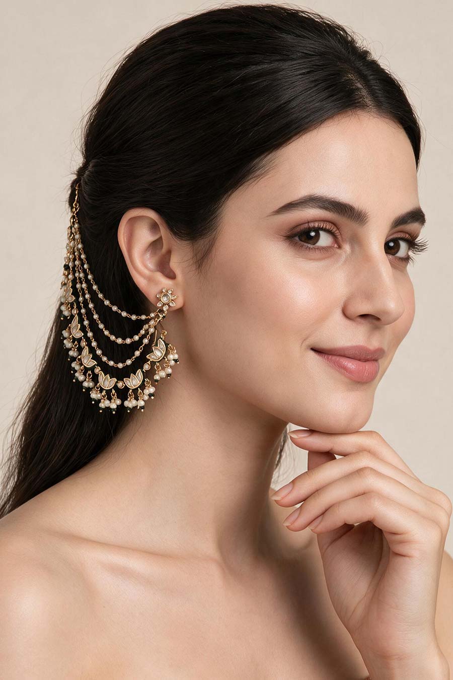 Kundan Pearl Ear Chain Set