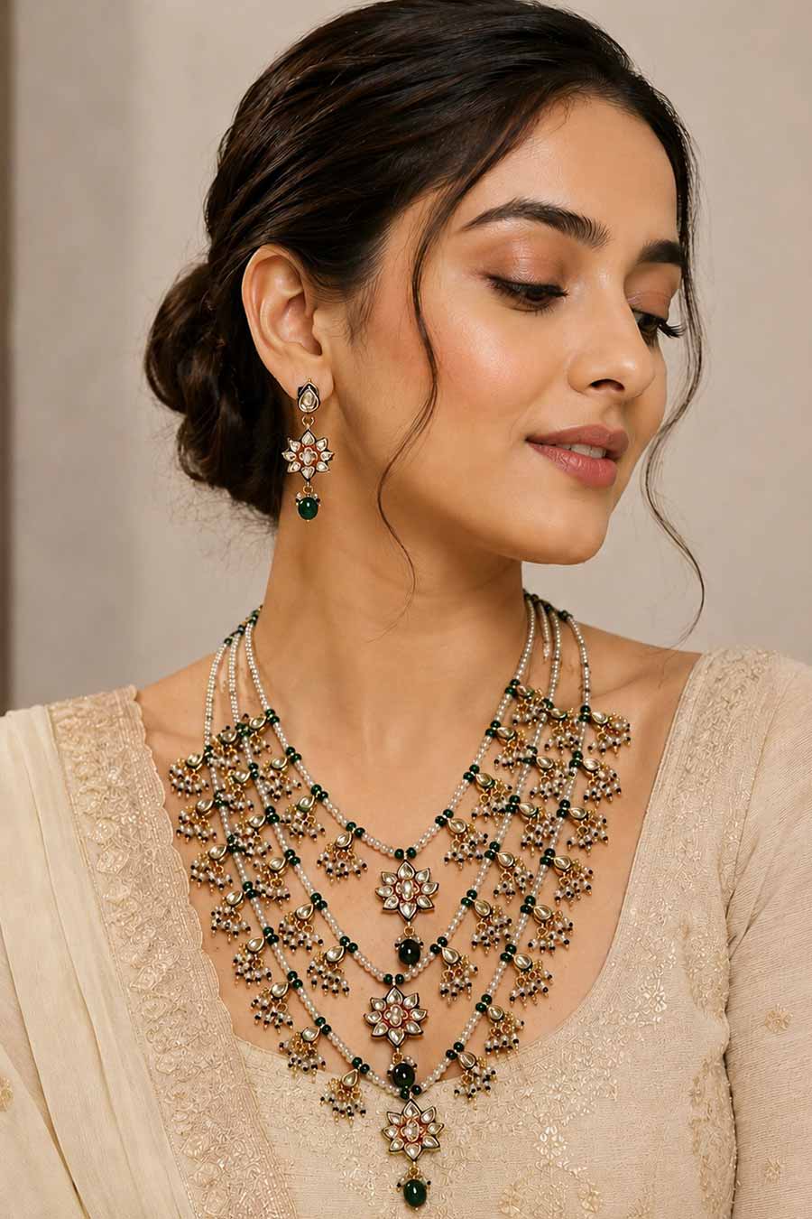 Layered Kundan & Emerald Beaded Necklace & Earrings Set
