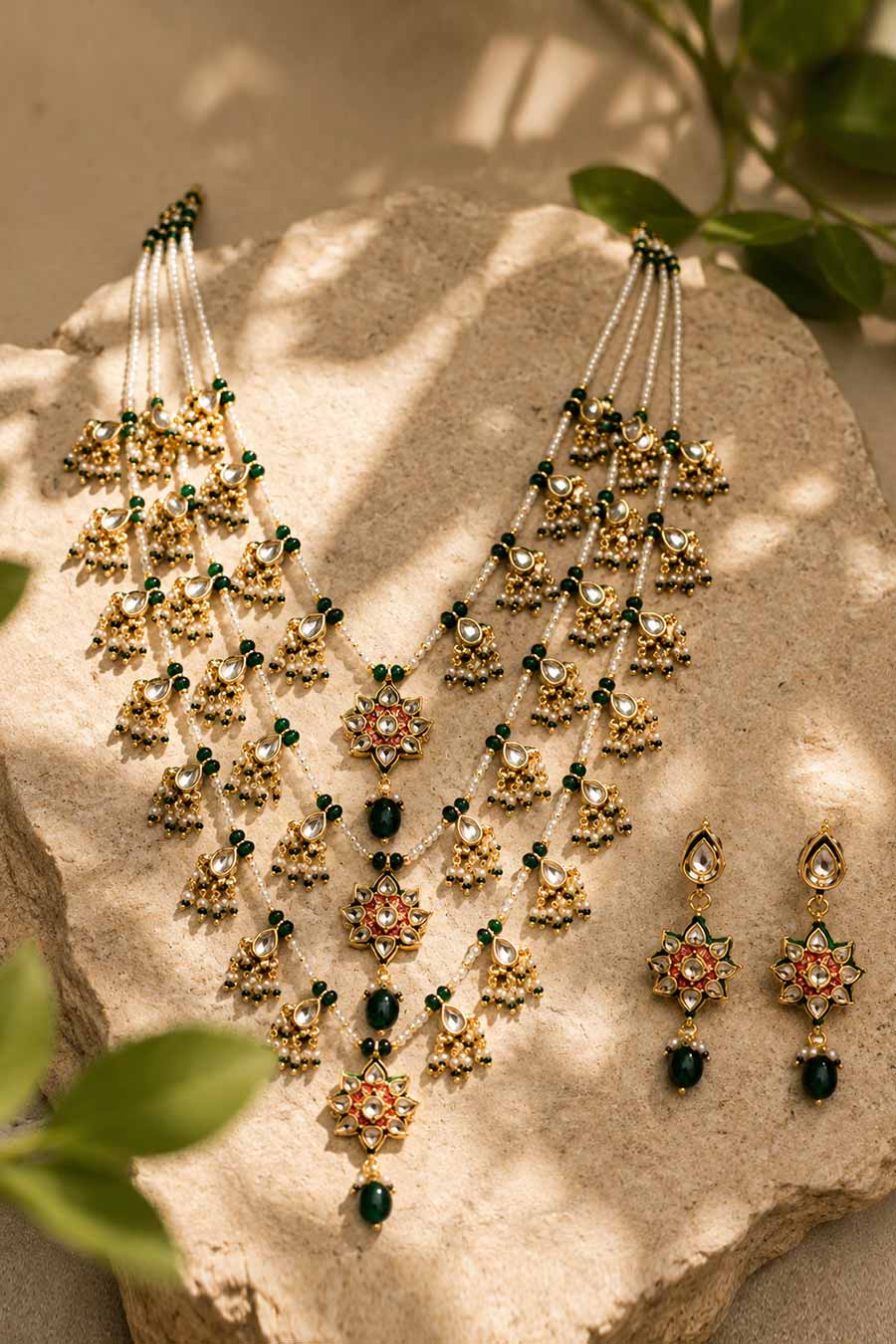 Layered Kundan & Emerald Beaded Necklace & Earrings Set