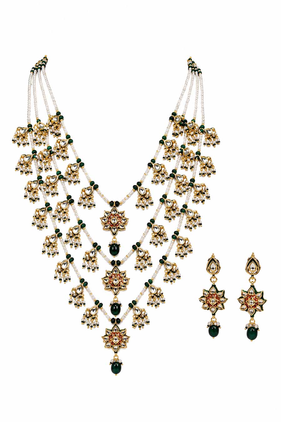 Layered Kundan & Emerald Beaded Necklace & Earrings Set